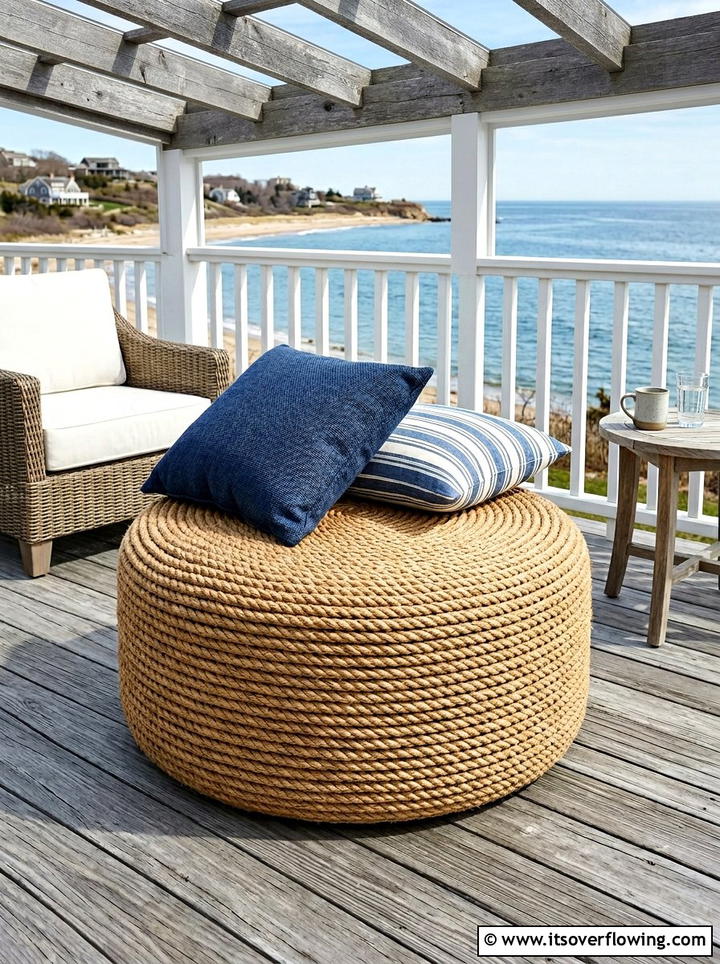 Rope Covered Tire Ottoman - 25 upcycled garden ideas with coastal style