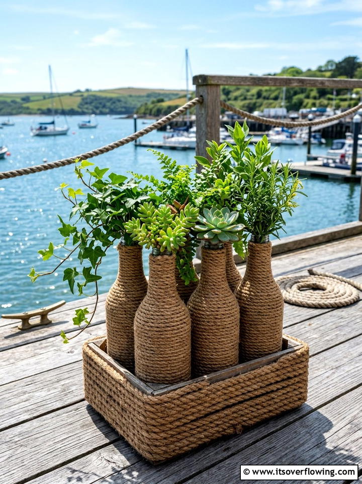Rope Wrapped Bottle Planter - 25 recycled garden ideas with hanging bottle planters