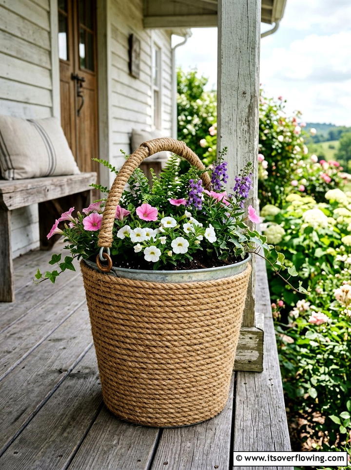 Rope Wrapped Bucket - 25 upcycled garden ideas with rope