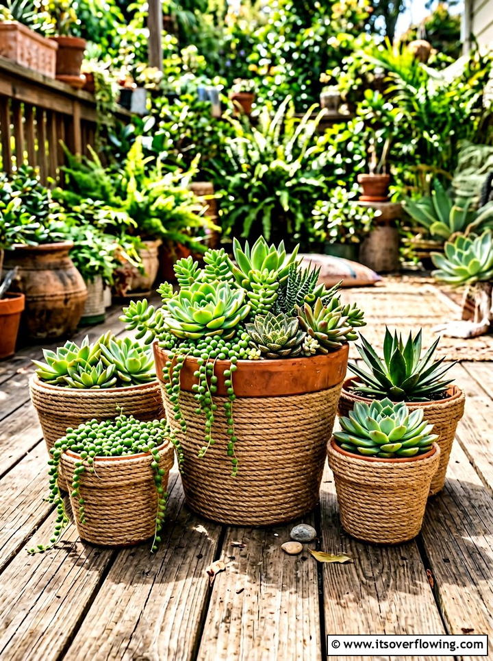 Rope Wrapped Planter - 25 upcycled garden ideas with rope