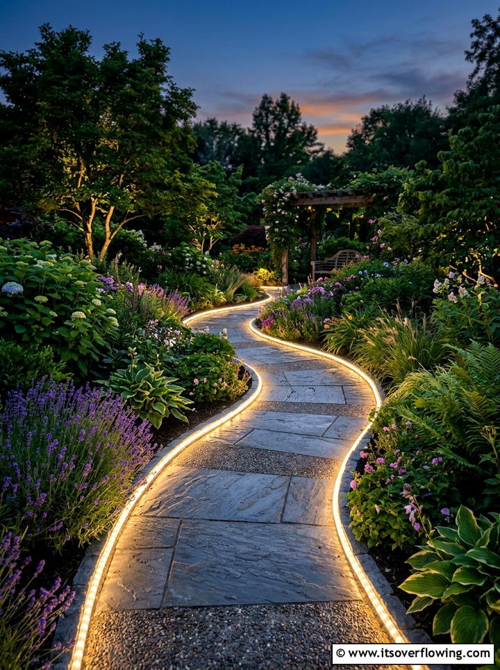 Rope light walkway - 25 backyard decorating ideas with garden art