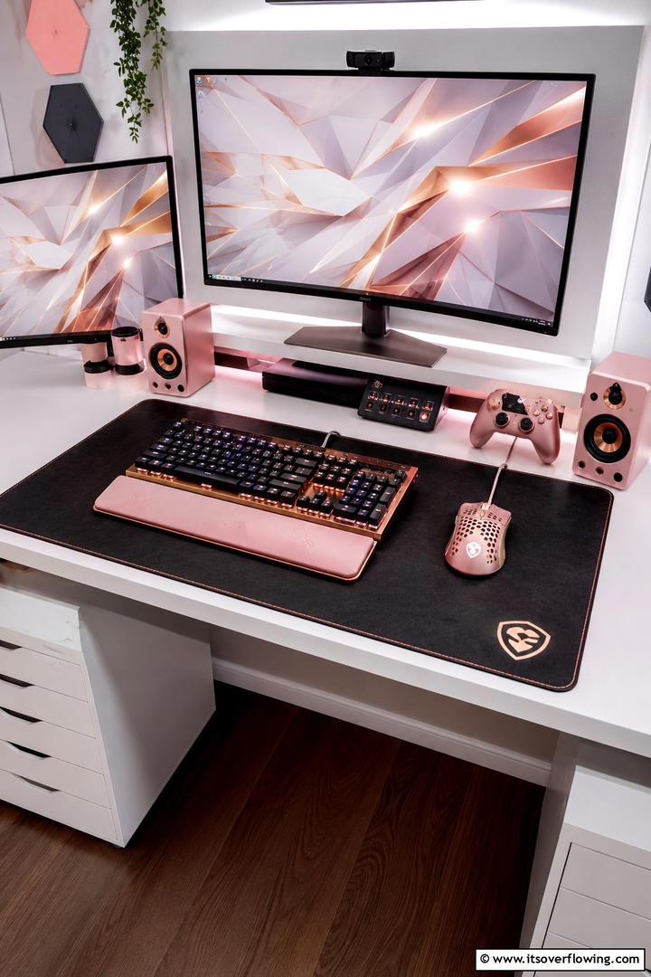 Rose Gold Accented Gaming Accessories - 30 Pink Gaming Setup Ideas for a Vibrant Play Space