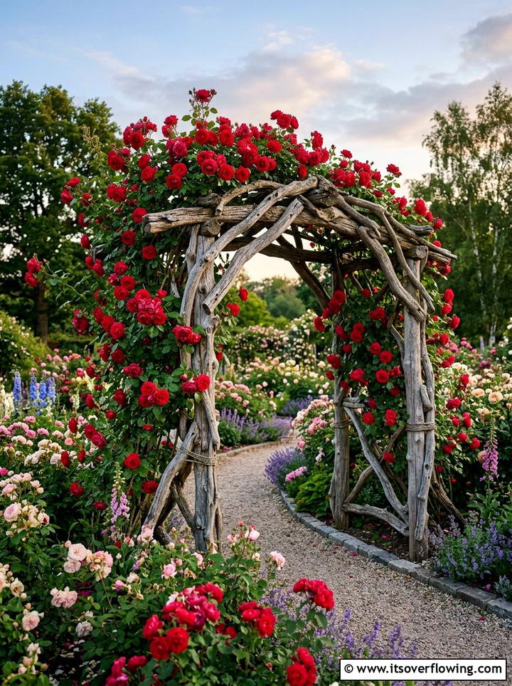 Rose garden with driftwood trellis - 25 garden ideas with driftwood sculptures