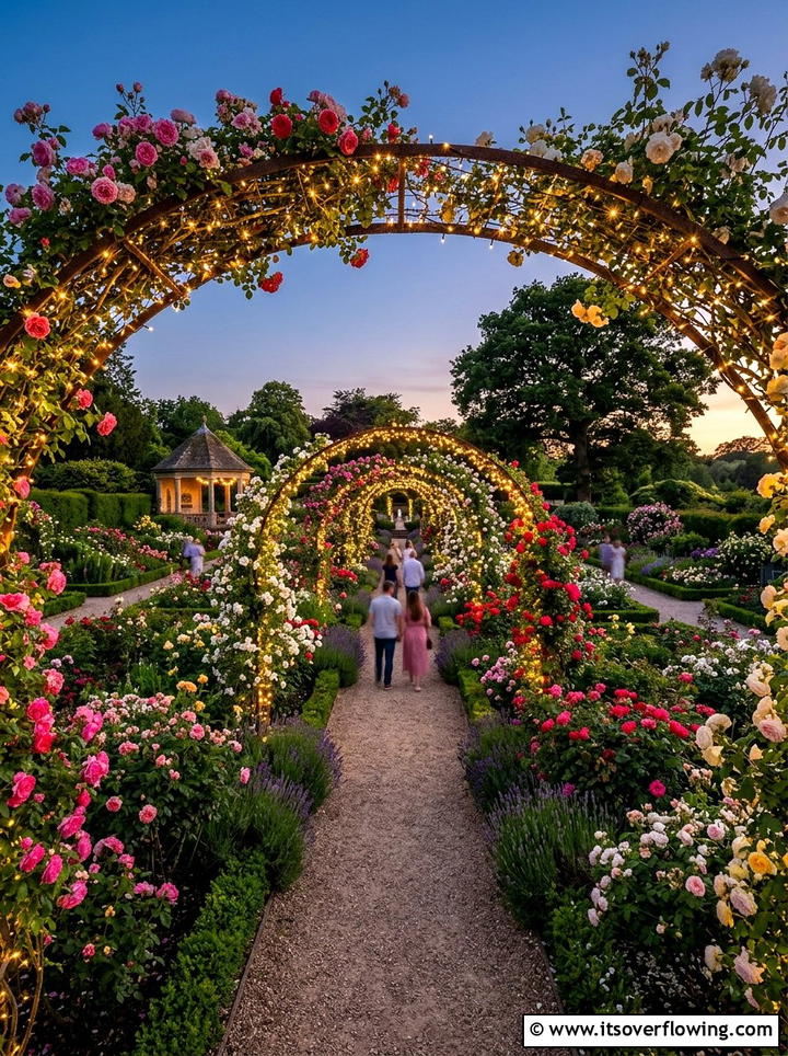 Rose garden with fairy light archways - 25 creative garden ideas with fairy light pathways