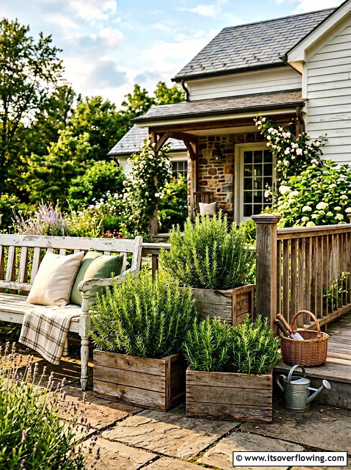 Rosemary Bushes In Wooden Crates - 25 front porch ideas with drought tolerant plants