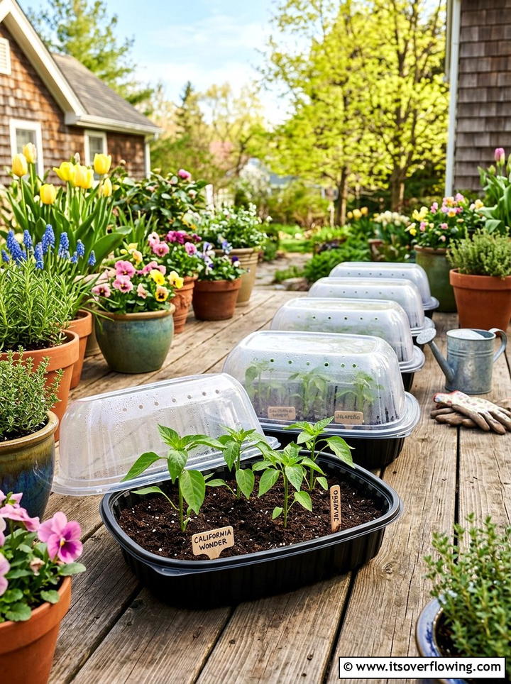 Rotisserie Chicken Container Cold Frame - 25 recycled garden ideas with seed starting trays