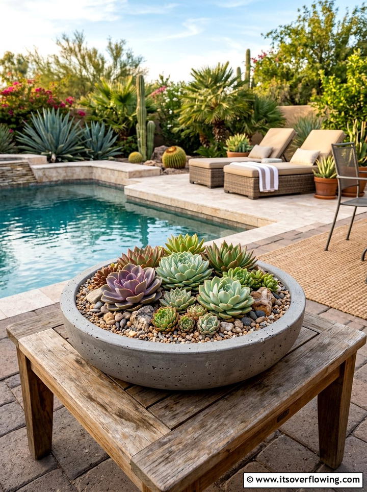 Round concrete planter succulent display - 25 garden ideas with concrete planters