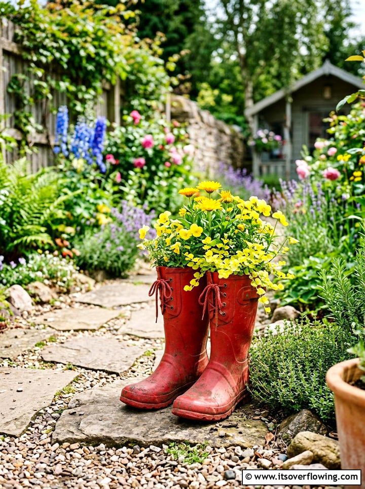 Rubber Boot Flower Pot - 25 recycled garden ideas with leaf mold bins
