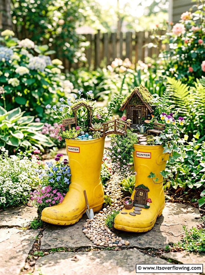 Rubber Rain Boot - 25 upcycled garden ideas with fairy gardens