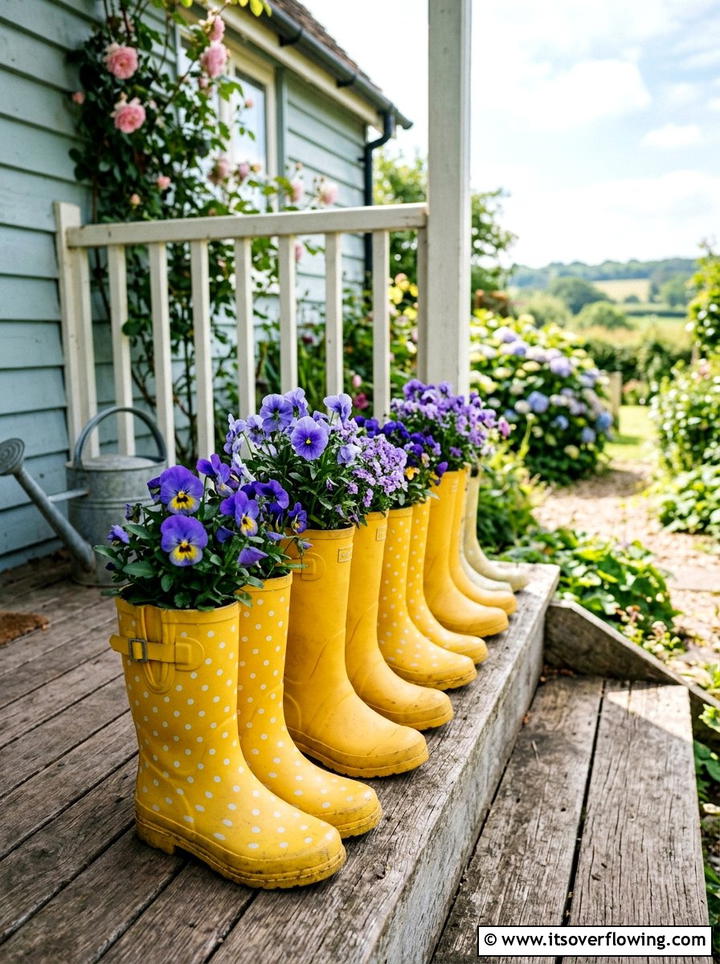 Rubber boot flower pot - 25 upcycled garden ideas with kids projects