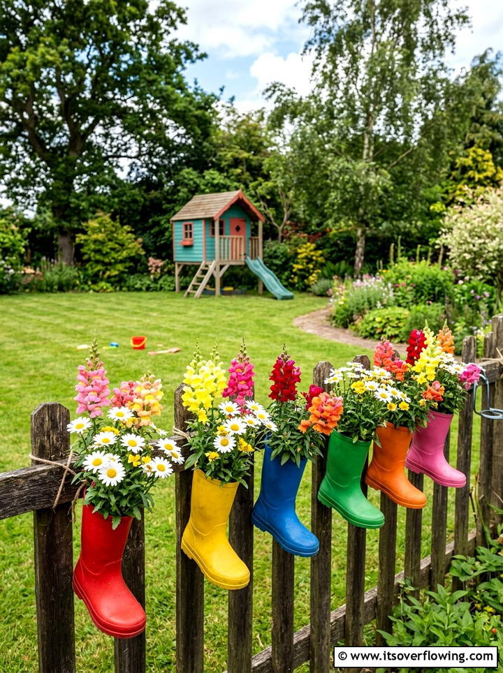 Rubber boot hanging planter - 25 upcycled garden ideas with hanging planters