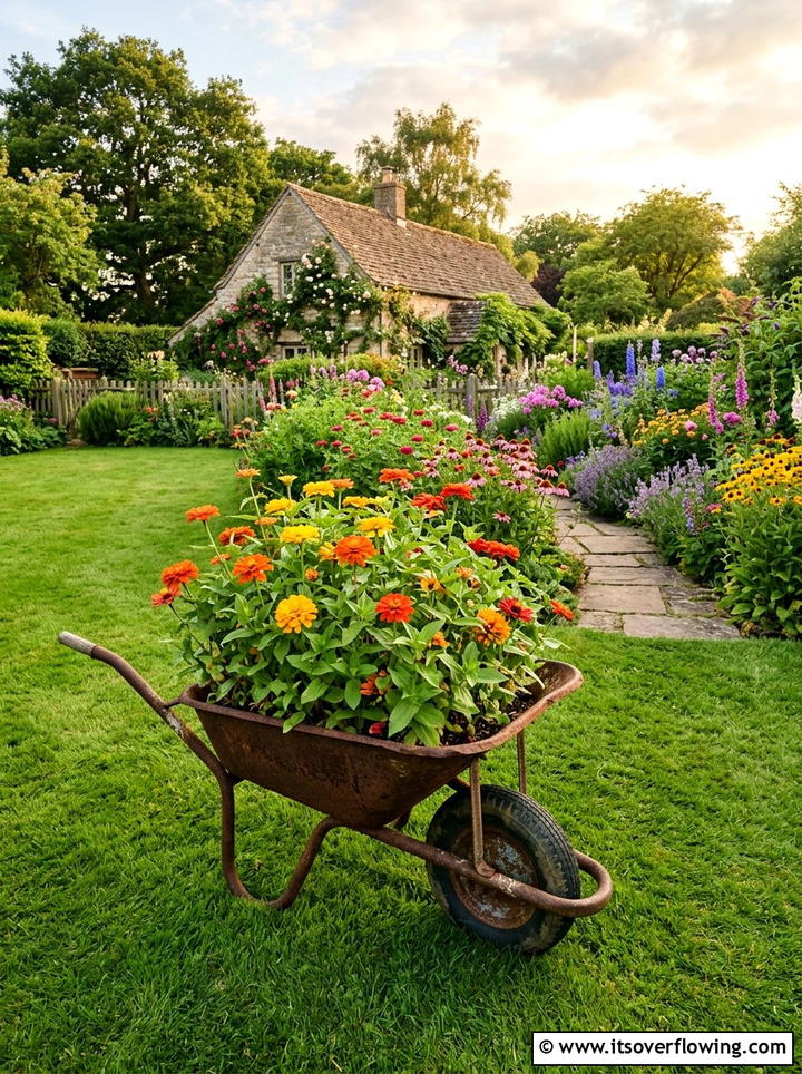 Rusted wheelbarrow flower bed - 25 upcycled garden ideas with farmhouse style