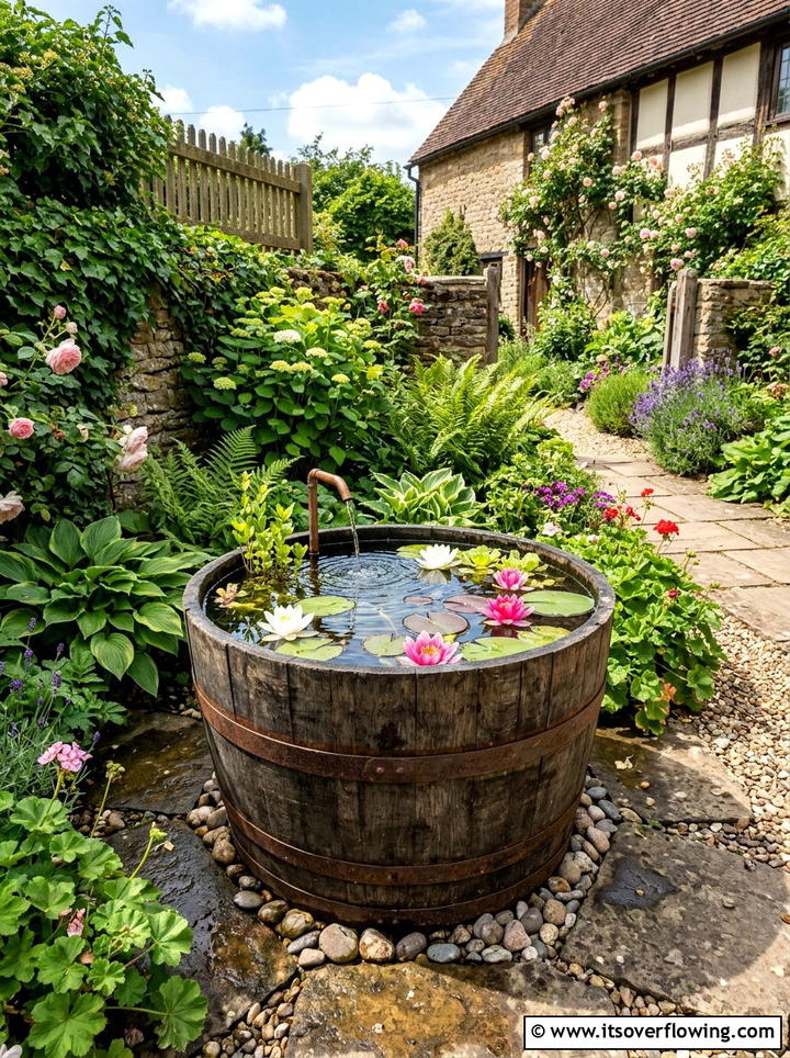 Rustic Barrel Water Feature - 25 reusing old things ideas for farmhouse garden look
