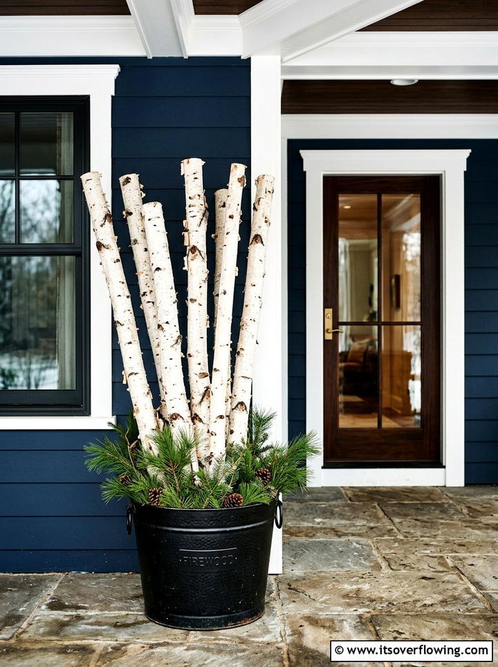 Rustic Birch Wood Display - 25 front porch ideas with christmas decor