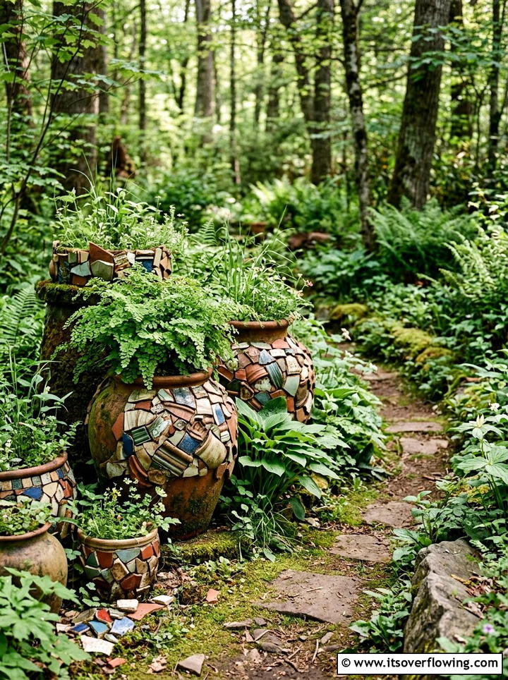 Rustic Broken Pottery Garden - 25 creative garden ideas with mosaic planters