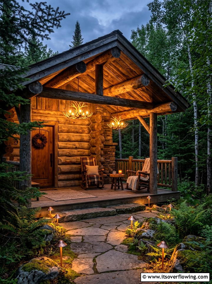 Rustic Cabin Porch - 25 front porch ideas with layered lighting