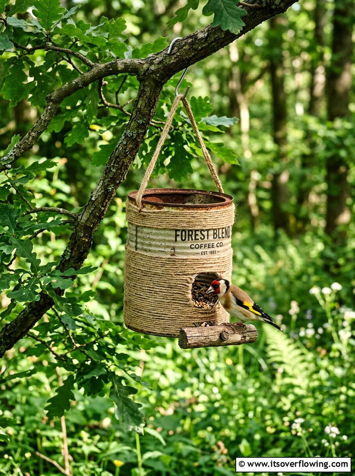 Rustic Coffee Can Bird Feeder - 25 upcycled garden ideas with old cans