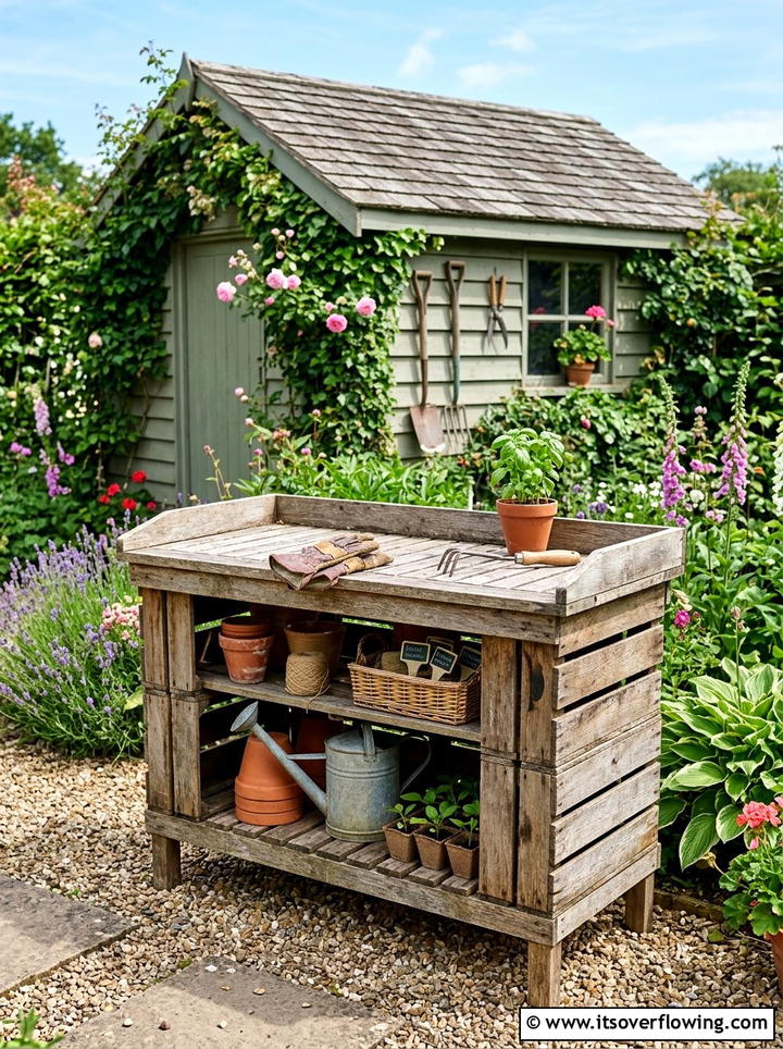 Rustic Crate Potting Bench - 25 garden decor ideas with crates