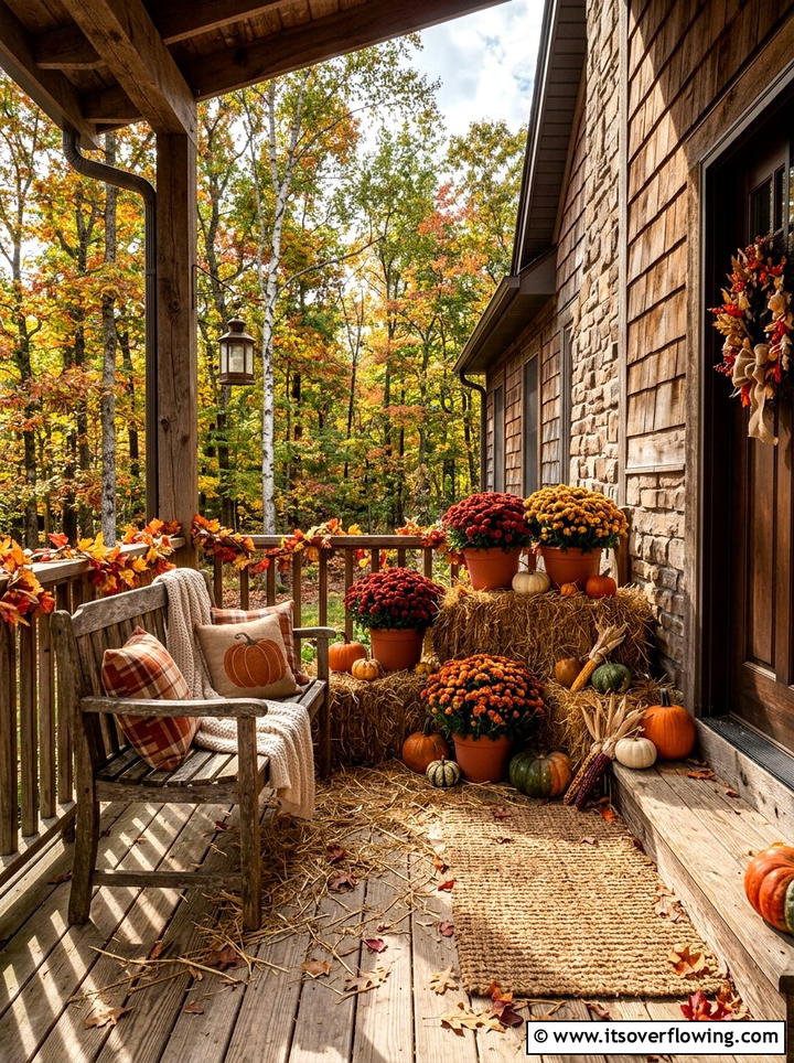 Rustic Fall Porch Setup - 25 front porch decor ideas with mums and hay bales