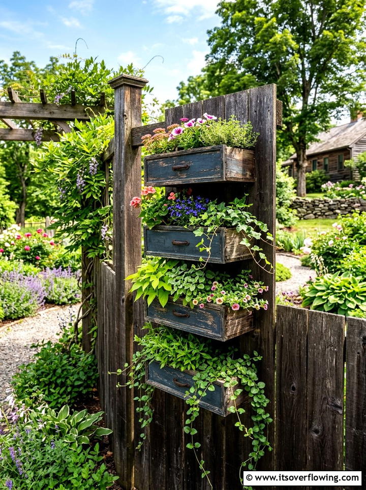 Rustic Fence Planter - 25 upcycled garden ideas with old drawers