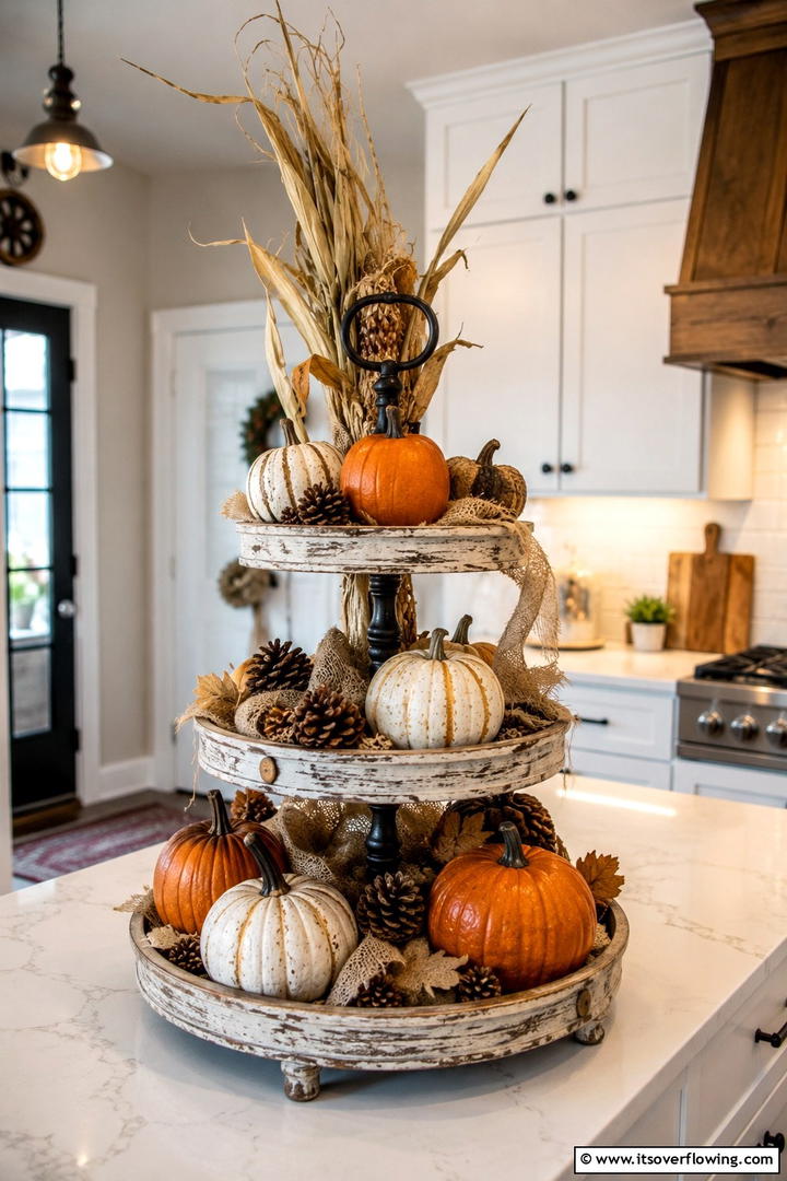 Rustic Harvest Pumpkin Display - 50 Fall Tiered Tray Decor Ideas for Festive Shelves