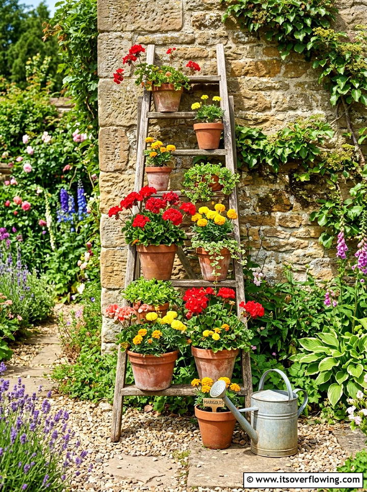 Rustic Ladder Flower Stand - 25 front porch ideas with repurposed ladders