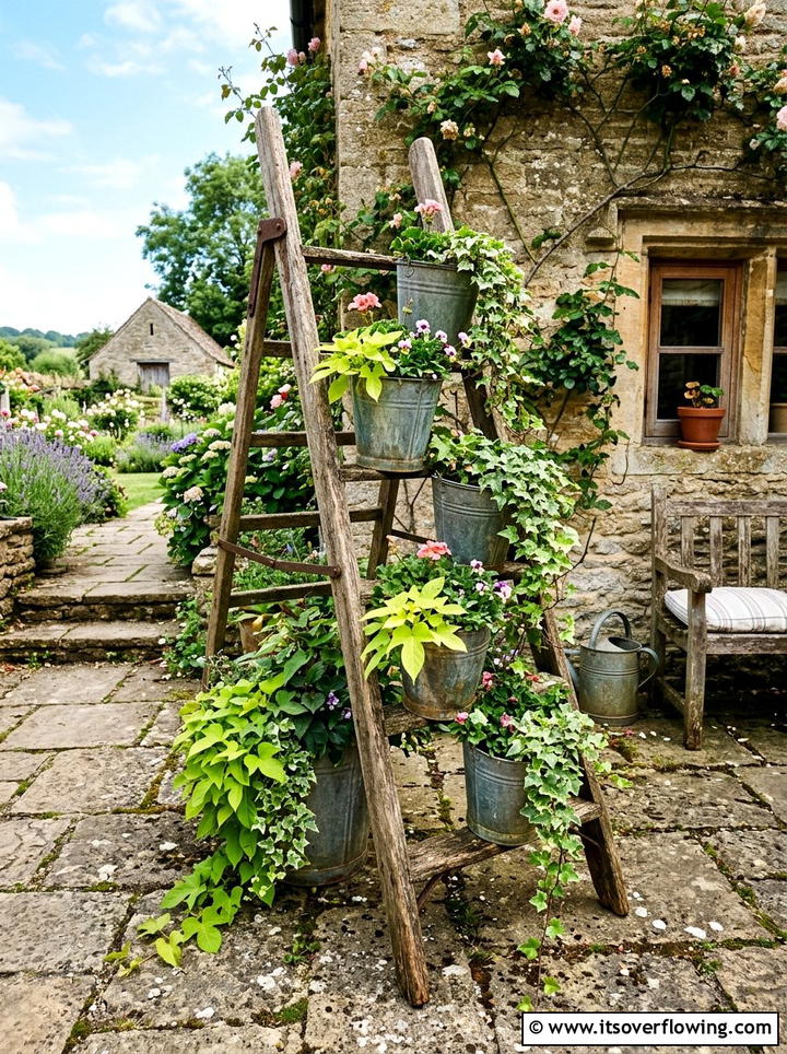 Rustic Ladder Galvanized Buckets - 25 garden decor ideas with floral ladders