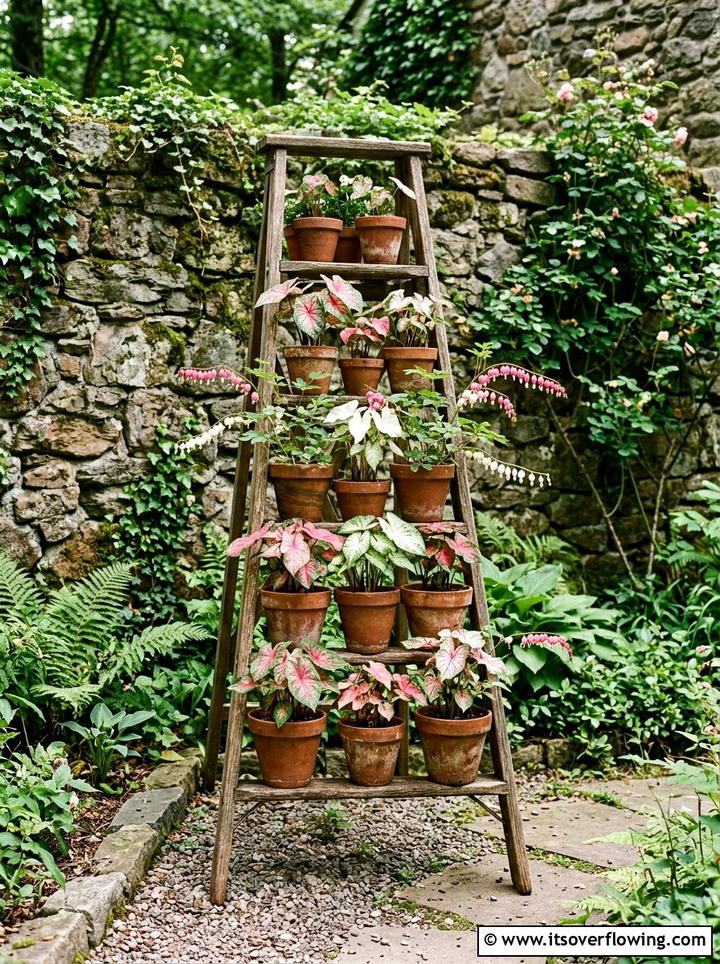 Rustic Ladder Plant Display - 25 upcycled garden ideas for shaded spaces