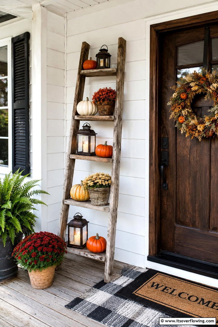 Rustic Ladder Pumpkin Display - 50 Fall Front Door Decor Ideas Roundup- Curb Appeal