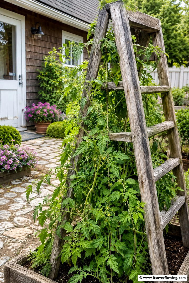 Rustic Ladder Trellis - 30 Tomato Trellis Ideas for Healthy & Space-Saving Gardens