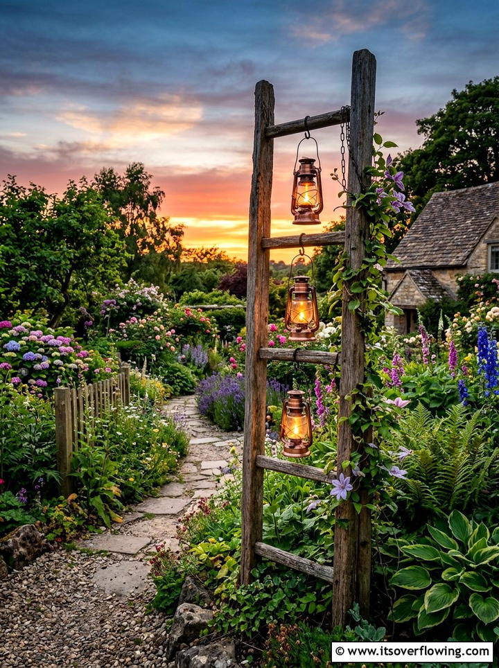 Rustic Lantern Ladder Post - 25 backyard decorating ideas with vintage ladders