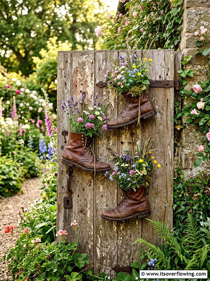 Rustic Leather Boot Garden - 25 creative garden ideas with shoe planter wall