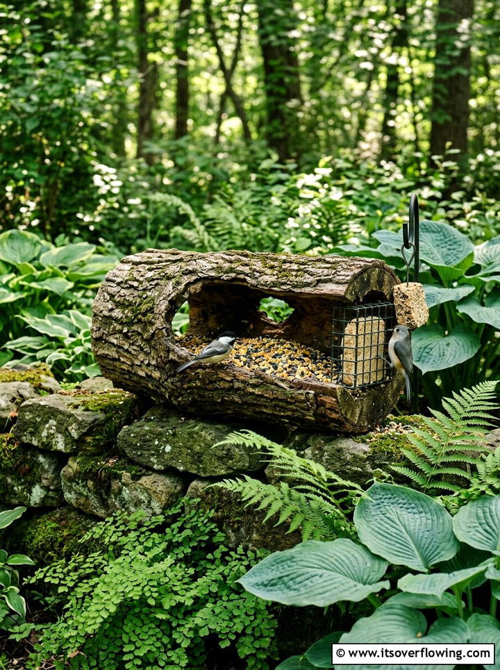 Rustic Log Bird Feeder - 25 upcycled garden ideas with bird feeders