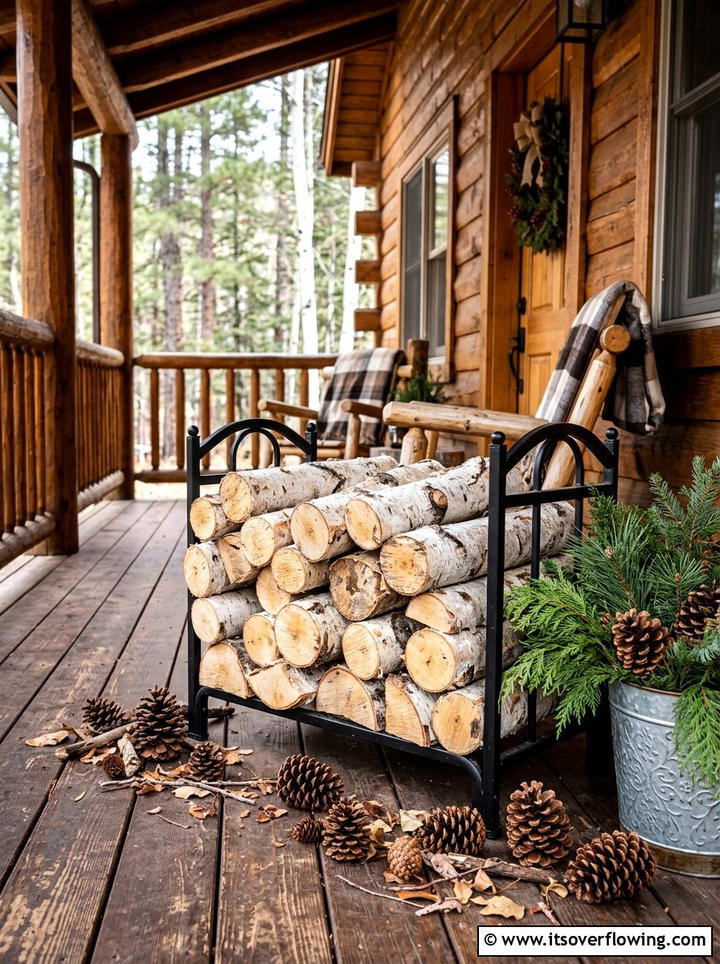 Rustic Log Display - 25 front porch decor ideas for christmas