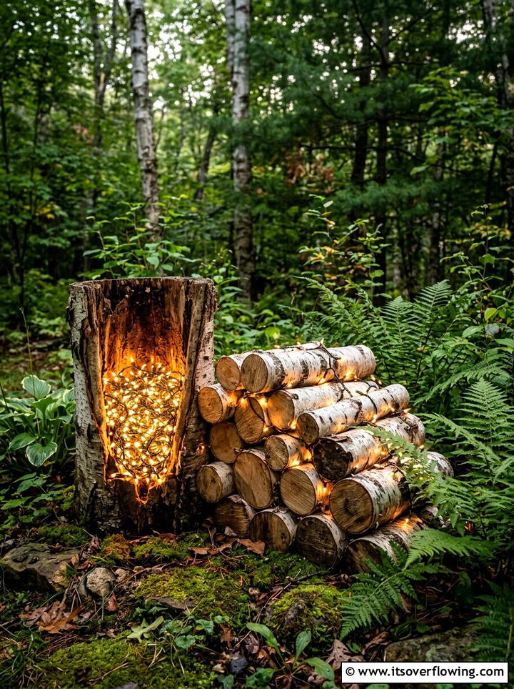 Rustic Log Lighting - 25 garden decor ideas with holiday lights