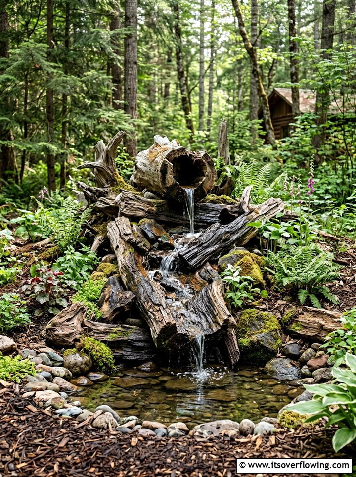 Rustic Log Waterfall - 25 garden ideas with waterfall