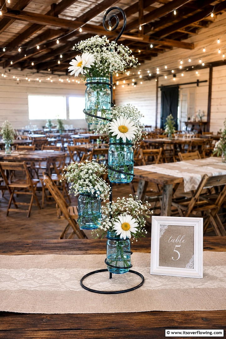 Rustic Mason Jar Cascade - 30 Tall Wedding Centerpiece Ideas for Elegant Table Displays