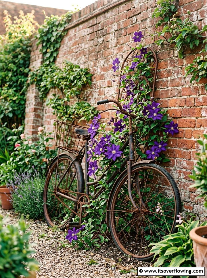 Rustic Metal Bicycle Trellis - 25 upcycled garden ideas with old bicycles