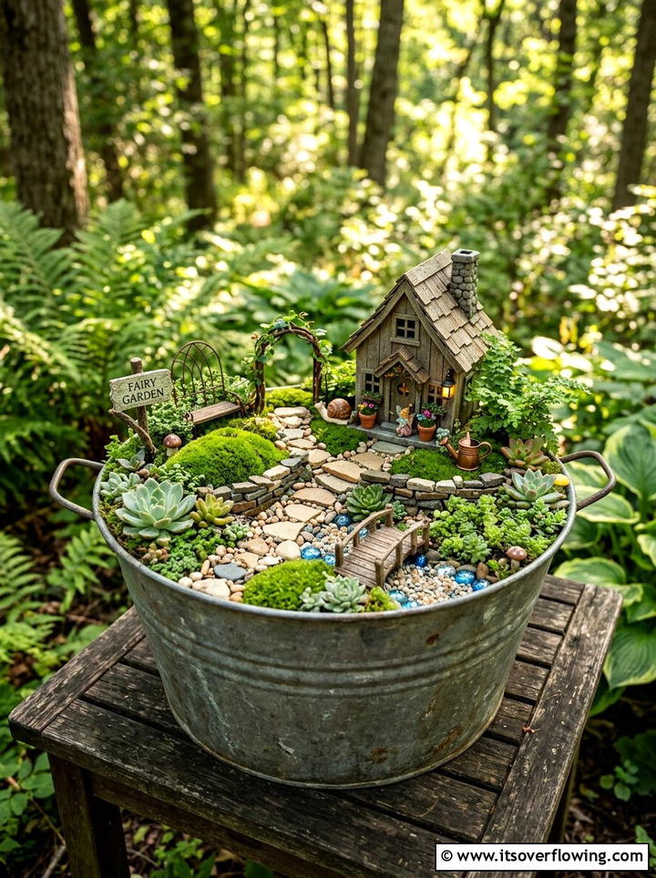 Rustic Metal Bucket Fairy Garden - 25 recycled garden ideas with buckets