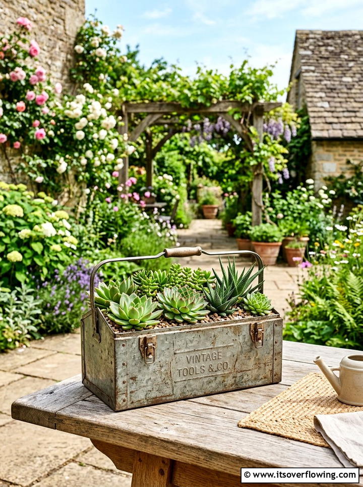 Rustic Metal Tool Box Planter - 25 reusing old things ideas for farmhouse garden look