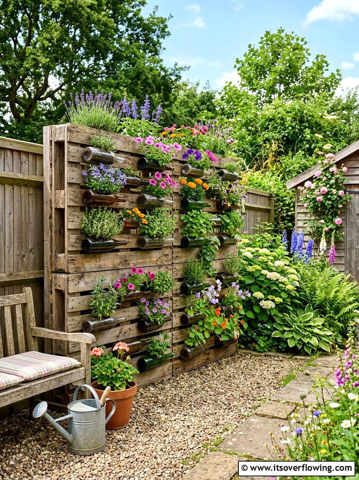 Rustic Pallet Bottle Wall - 25 recycled garden ideas with hanging bottle planters