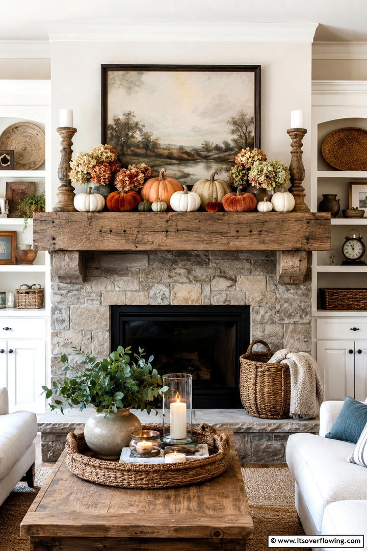 Rustic Pumpkin Mantel - 50 Fall Fireplace Decor Ideas to Warm Autumn Gatherings