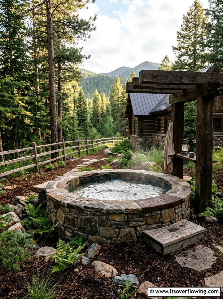 Rustic Stone Masonry Hot Tub - 25 backyard ideas with hot tub