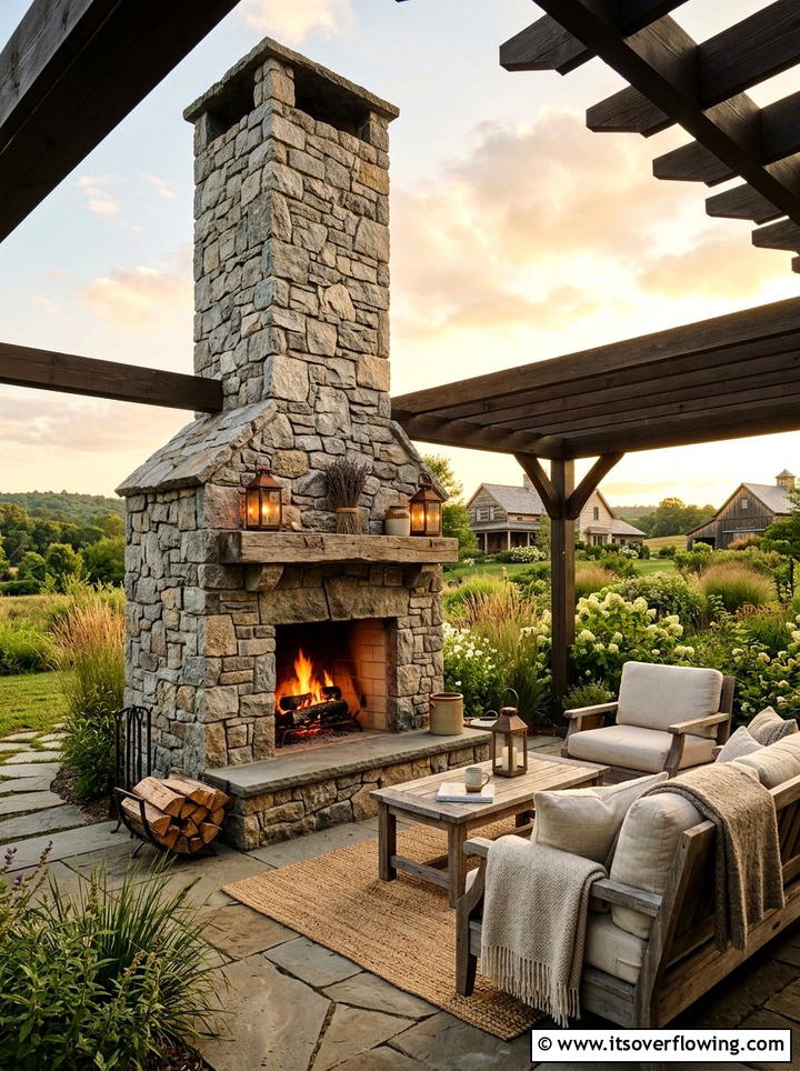 Rustic Stone Outdoor Fireplace - 25 backyard ideas with farmhouse style