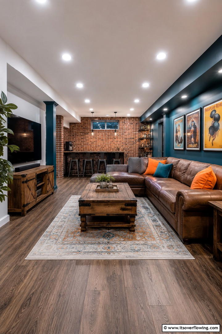 Rustic Teal and Orange Accent in Basement - 30 Teal & Orange Room Color Schemes for Vibrant Home Decor