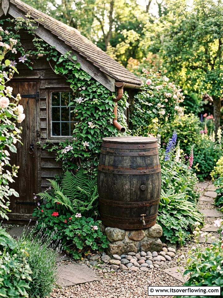 Rustic Water Barrel - 25 recycled garden ideas with pebbles