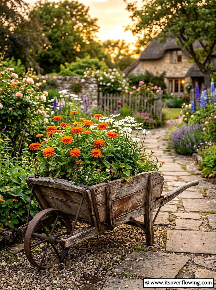 Rustic Wheelbarrow Flower Garden - 25 recycled garden ideas with gutter garden