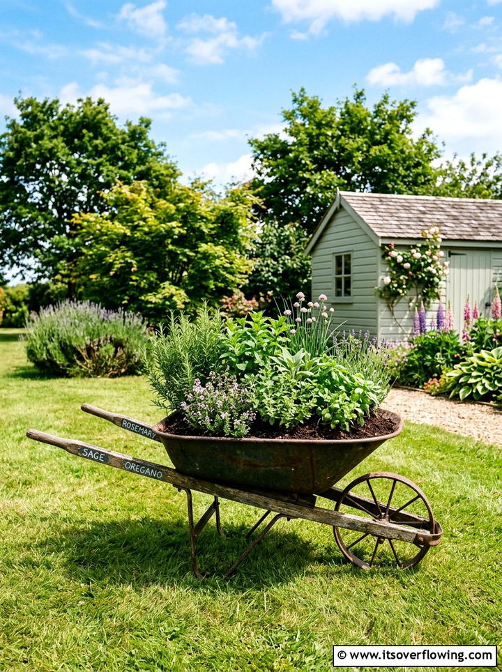 Rustic Wheelbarrow Planter - 25 upcycled garden ideas with herb planters