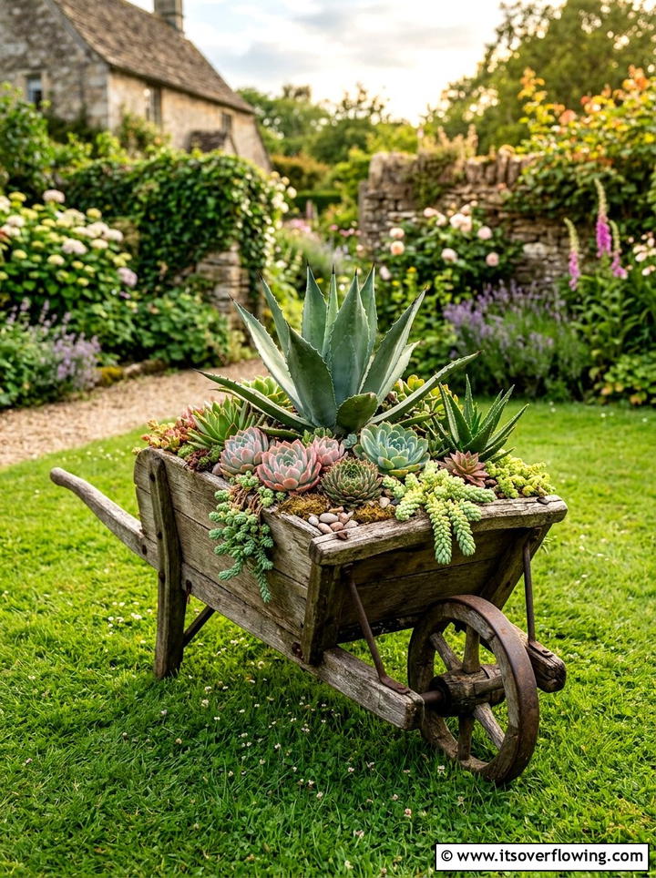 Rustic Wheelbarrow Succulent Garden - 25 upcycled garden ideas with succulent planters