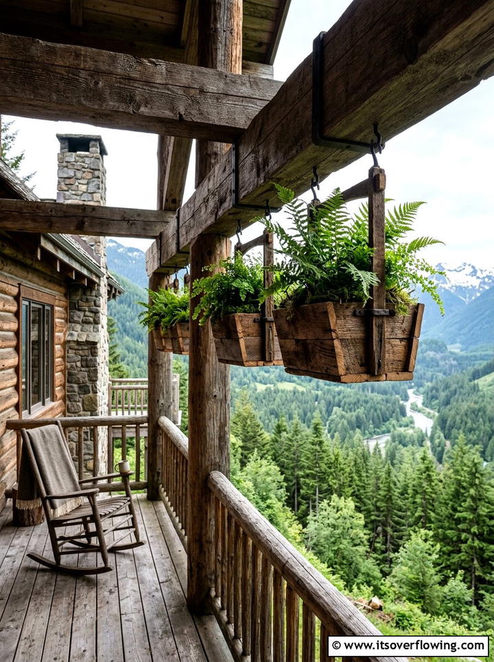 Rustic Wood Beam Baskets - 25 front porch ideas with hanging baskets